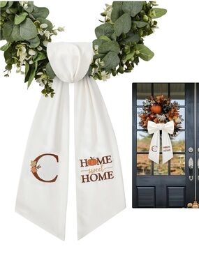 Home Sweet Home White Fall Door Wreath Sash Bow with Monogram C